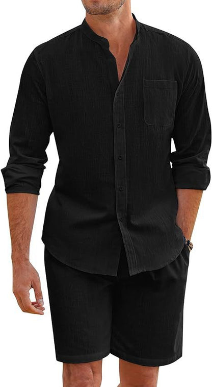 Casual Men's Summer Two-Piece Set Polyester Button-Up Long Sleeve Shirt and Shorts Cardigan Simple Leisure Beachwear