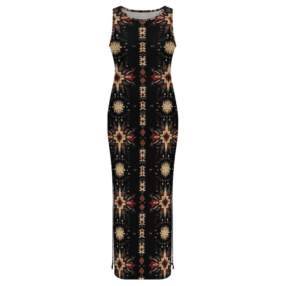 Baha Ranch Black and Tan Aztec Bodycon Side Slit Western Maxi Dress