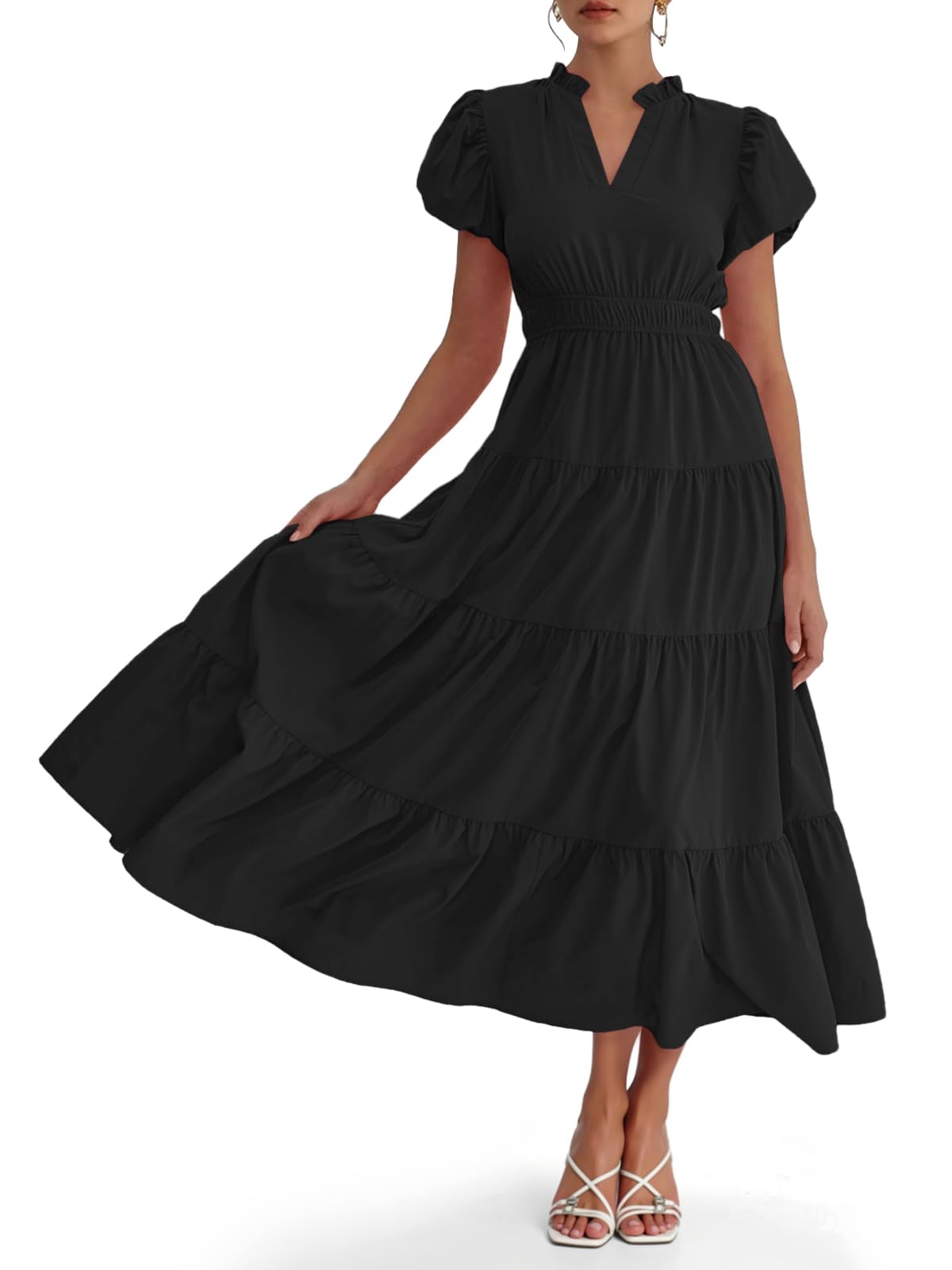 Puff Short Sleeve V Neck Flowy Tiered Beach A-Line Dresses