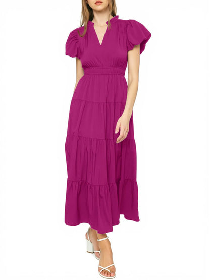 Puff Short Sleeve V Neck Flowy Tiered Beach A-Line Dresses