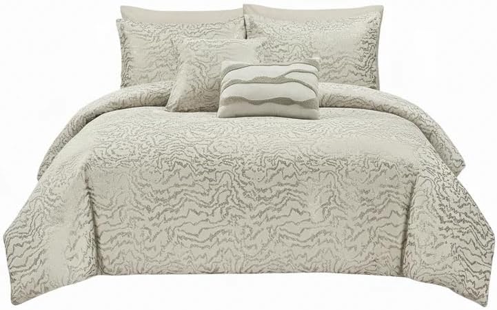 Botanical 5-Piece Comforter Set - Pintuck Bedding with Abstract Wave Design