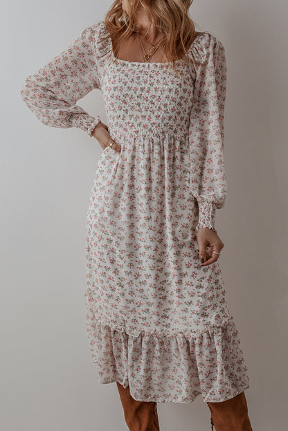 Threaded Pear Delaney Ruffled Hem Square Neck Midi Dress