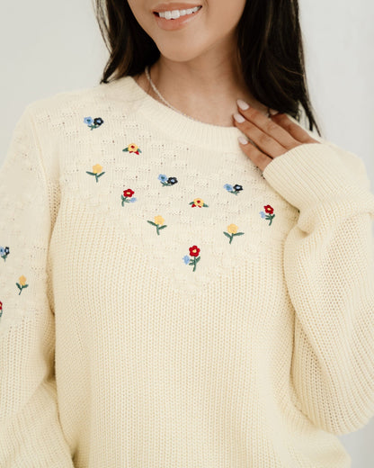 Gemma Mixed Texture Knit Flower Embroidered Detail Casual Sweater