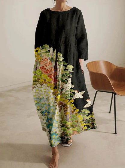 Women’s Relaxed-Fit Crew Neck Printed Midi Dress | High-End Minimalist A-Line Dress | Trendy High-Sense Casual Summer Gown | Elegant Round Neck Printed Midi | 2026 High-Fashion Statuesque Flowing Dress