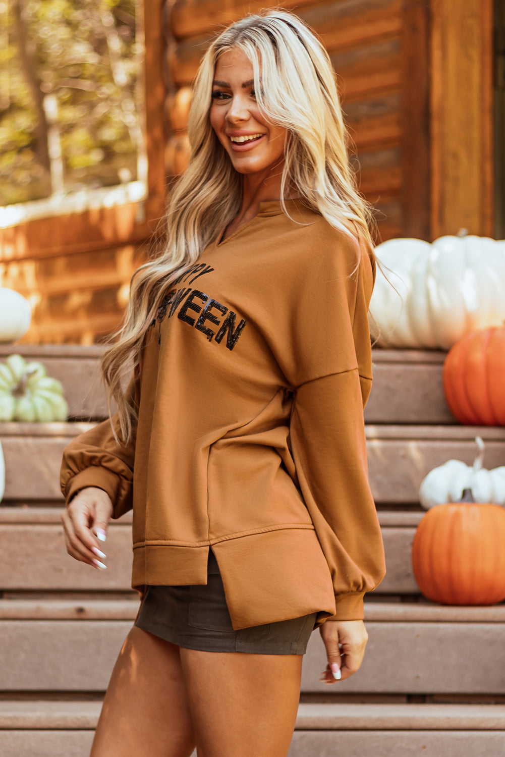 Threaded Pear Sequin Happy Halloween Long Sleeve Top