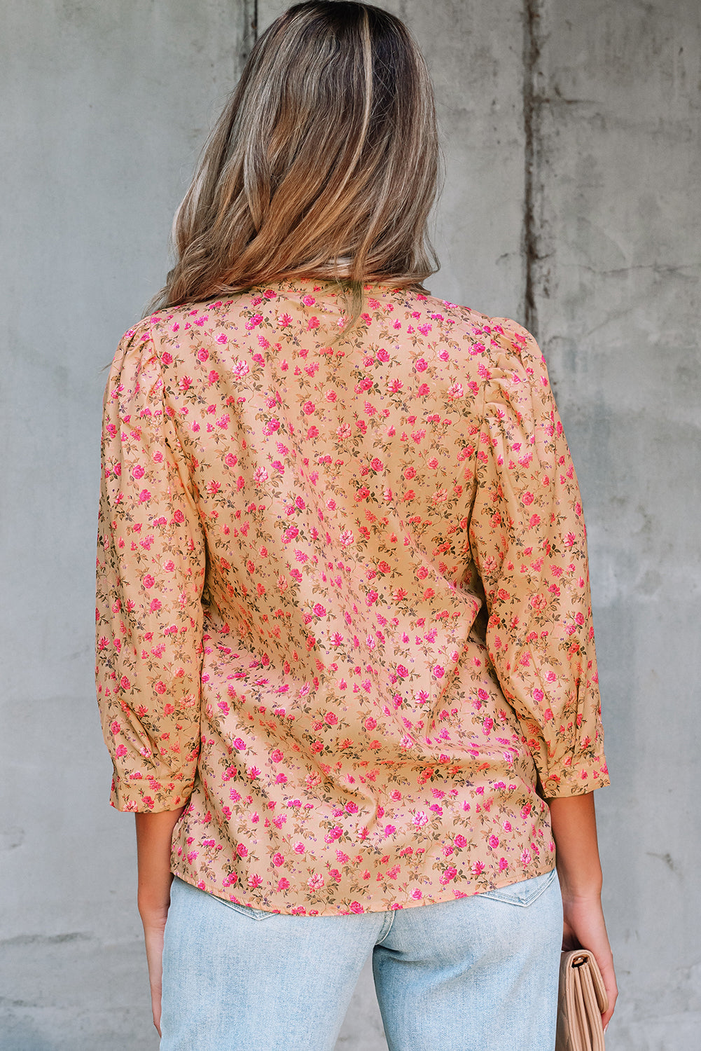 Threaded Pear Sadie Floral Bow Pin-tuck Bust Half Puff Sleeve Blouse
