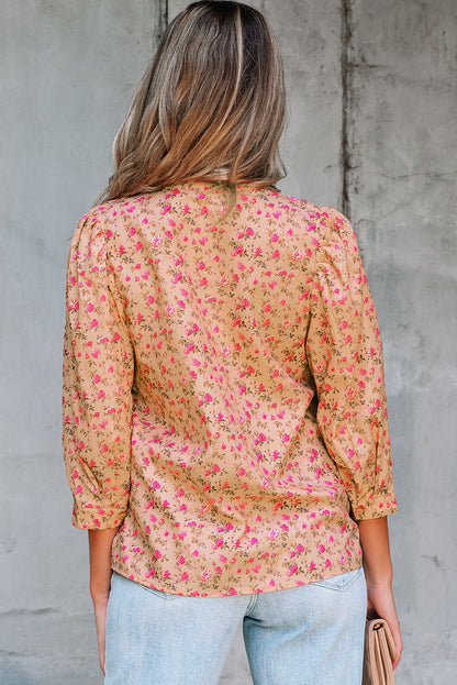 Threaded Pear Sadie Floral Bow Pin-tuck Bust Half Puff Sleeve Blouse