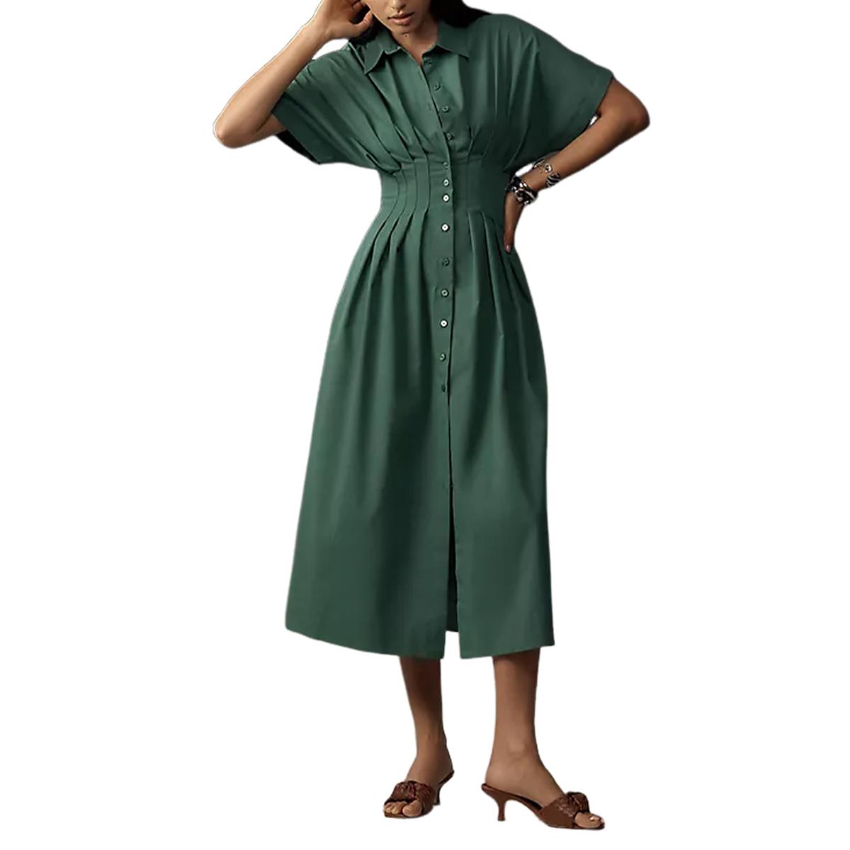 Shirt Dress for Women Summer Casual Short Sleeve Button Down Loose Pleated