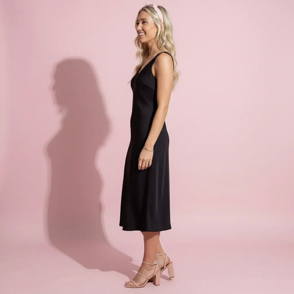 Anna-Kaci Lounge Women's Satin Midi Slip Dress with Wide Shoulder Straps and Smooth Sculpted Silhouette for a Polished Minimal Look