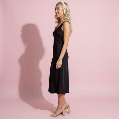 Anna-Kaci Lounge Women's Satin Midi Slip Dress with Wide Shoulder Straps and Smooth Sculpted Silhouette for a Polished Minimal Look