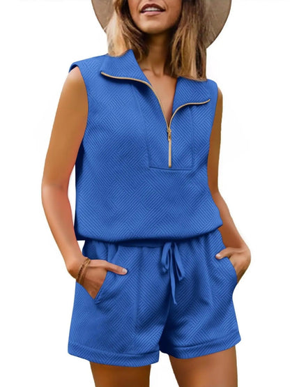 Womens 2 Piece Outfits Short Sets Half Zip Sleeveless Tops and Drawstring Shorts