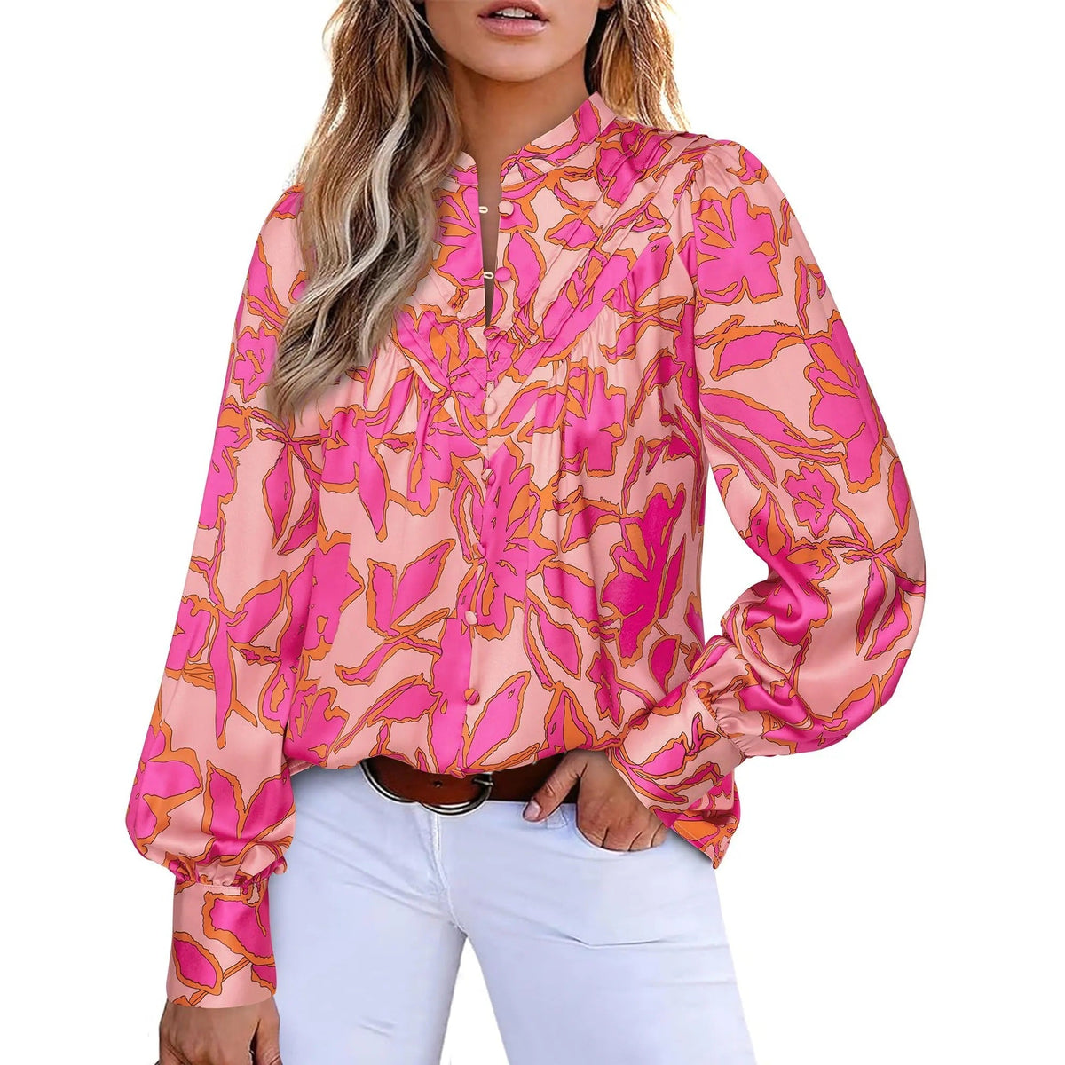 Women's Boho Floral V-Neck Half Button Down Blouse