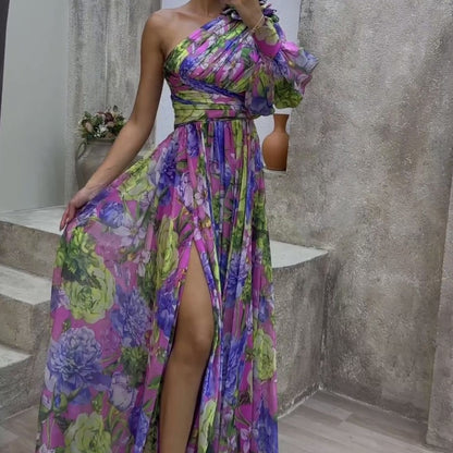 Floral Print Split Maxi Dress Fashion One-shoulder Long-sleeved Dresses Summer Beach Clothing For Women