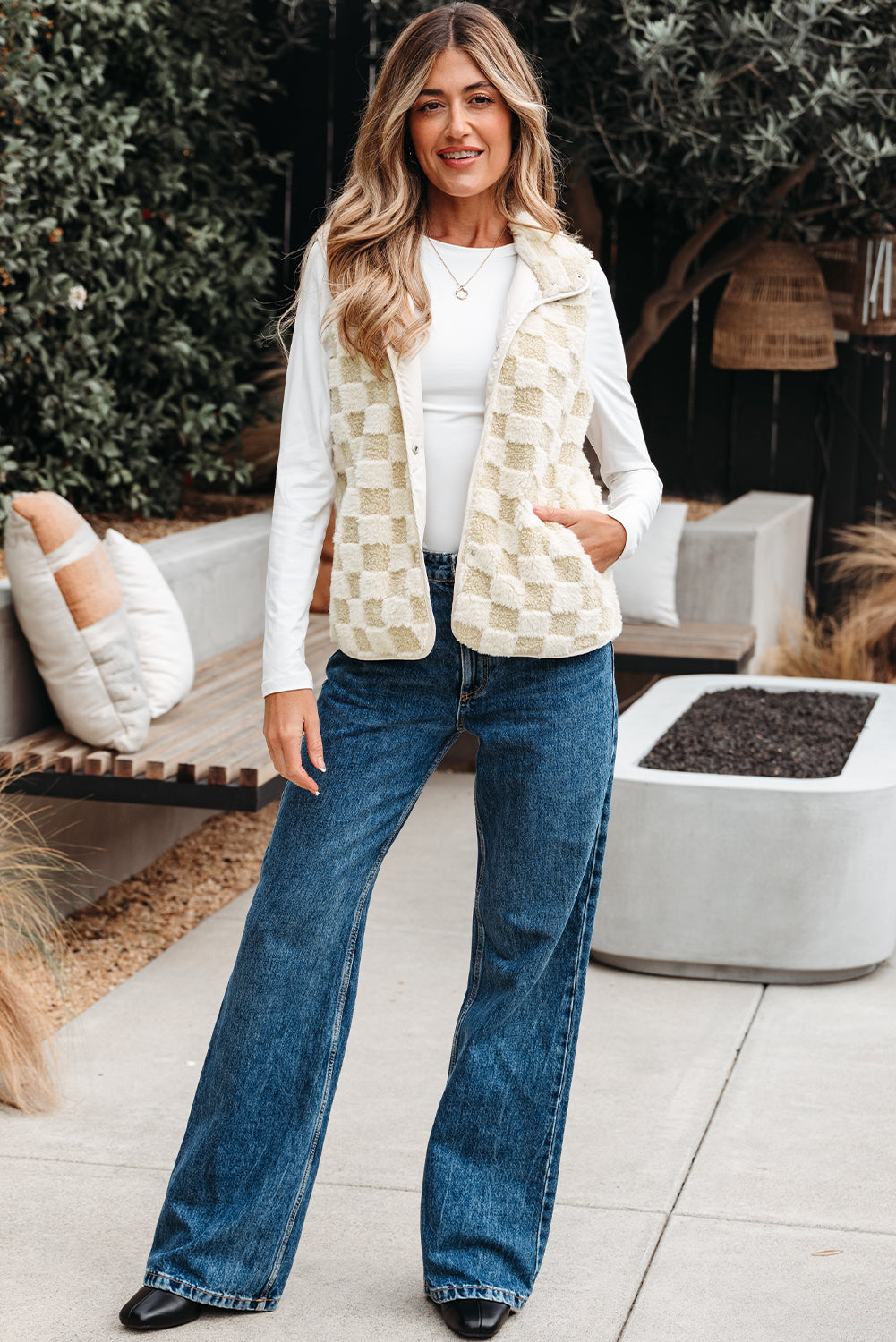 Threaded Pear Stevie Sherpa Checkerboard Button Vest With Pocket