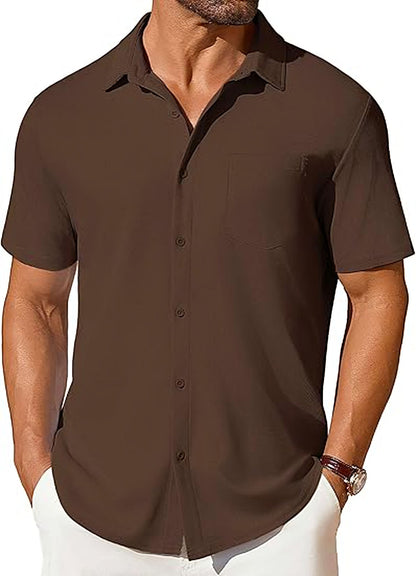 Men’s Short Sleeve Button-Up Shirt | Premium Wrinkle & Crease Resistant Fabric | Non-Iron Modern Business Casual Shirt | Travel-Friendly Lightweight Men's Summer Top