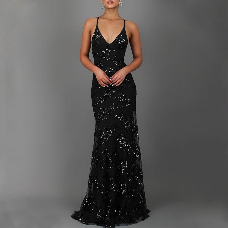 V-Neck Backless Sequined Evening Dress | Lace-Up Cocktail Party Gown | Shimmering Sleeveless Banquet Dress | Glamorous Night-Out Sequin Slip Dress