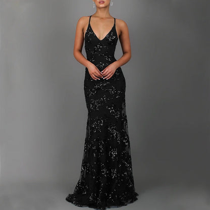 V-Neck Backless Sequined Evening Dress | Lace-Up Cocktail Party Gown | Shimmering Sleeveless Banquet Dress | Glamorous Night-Out Sequin Slip Dress