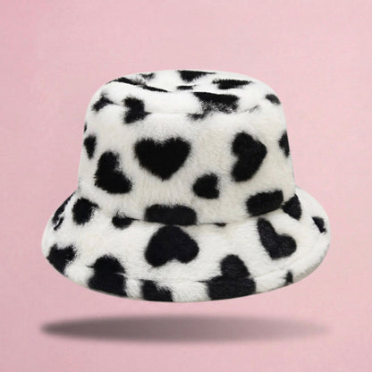 Anna-Kaci Valentine Plush Heart Pattern Bucket Hat Soft Texture Cozy Winter Style