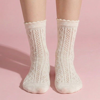Anna-Kaci 4 Pairs Women's Lace Knit Crew Socks Lightweight Breathable Mesh Style with Elastic Cuff in Assorted Patterns
