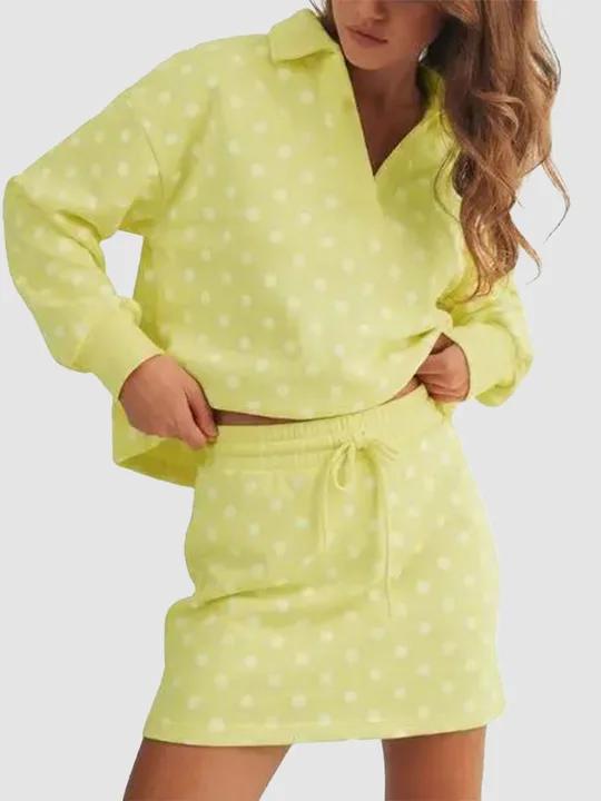 Polka Dot Polo Collar Top Drawstring Mini Skirt Two Piece Set