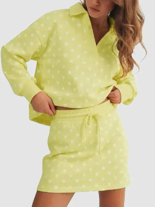 Polka Dot Polo Collar Top Drawstring Mini Skirt Two Piece Set