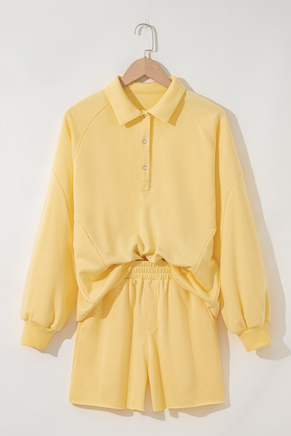 Threaded Pear Kylie Button Collar Drop Shoulder Pullover and Shorts 2pcs Outfit