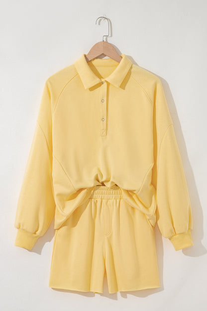 Threaded Pear Kylie Button Collar Drop Shoulder Pullover and Shorts 2pcs Outfit