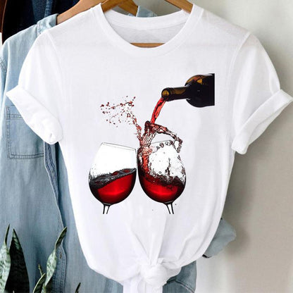 Women’s Artistic Wine Glass Print Casual Tee | Minimalist Graphic Short Sleeve T-Shirt | Trendy Cotton-Blend Summer Top | Fun & Stylish "Happy Hour" Tee for Women | 2026 Casual Chic Streetwear