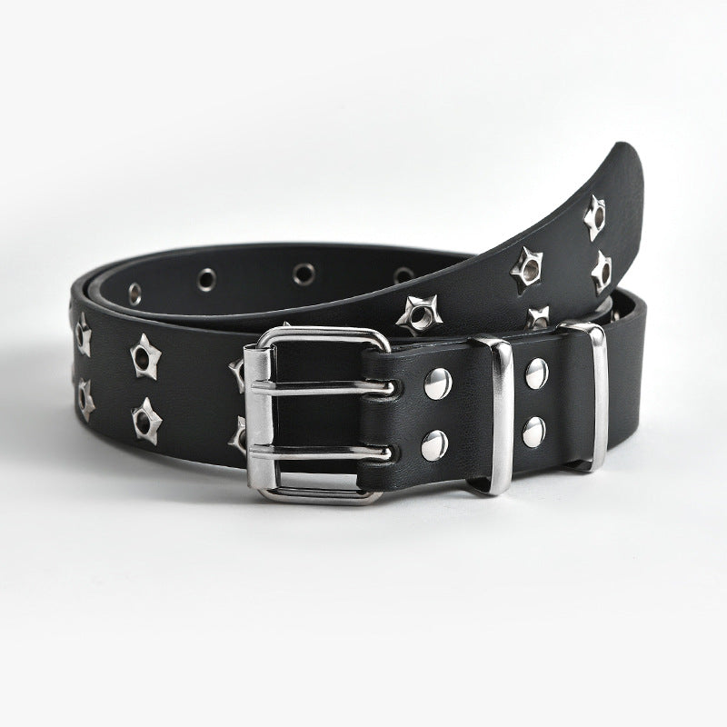 Women’s Fashion Stars Decorative Double-Row Belt | Trendy Y2K Celestial Studded Belt | Modern Grunge Style Star Buckle Waistband | Edgy Double-Grommet Decorative Belt | 2026 Streetwear Fashion Accessory