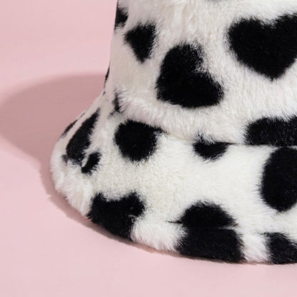 Anna-Kaci Valentine Plush Heart Pattern Bucket Hat Soft Texture Cozy Winter Style