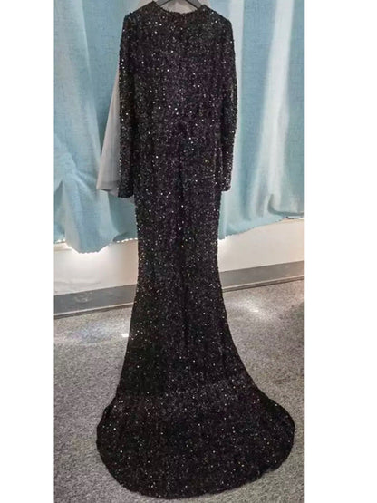 Grey Long Sleeve Sequin Evening Dress | Elegant Floor-Length Mermaid Gown | Sparkling Silver-Grey Formal Party Dress | Sophisticated Slim Fit Red Carpet Sequin Gown