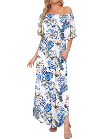 Women's Off Shoulder Floral Maxi Dress with Pockets & Slit