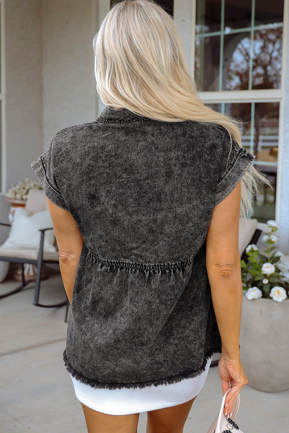 Threaded Pear Chaya Flap Pocket Button Up Raw Hem Denim Shirt