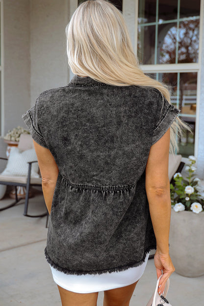 Threaded Pear Chaya Flap Pocket Button Up Raw Hem Denim Shirt