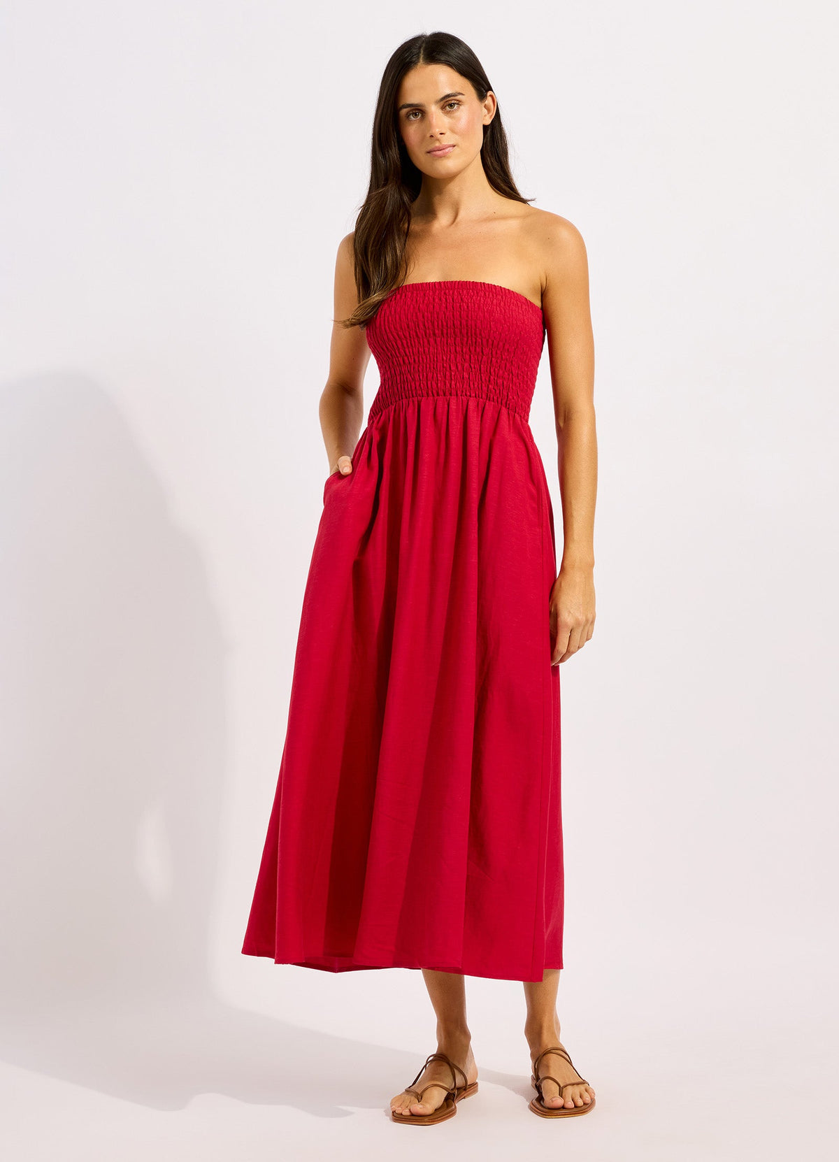 Beachedit Shirred Waist Midi Skirt