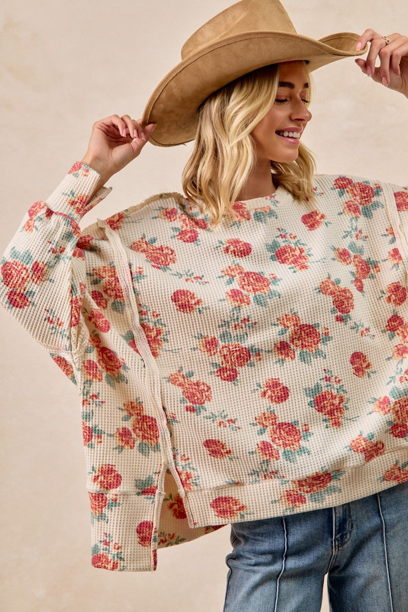 BiBi Floral Print Oversized Waffle Thermal Top
