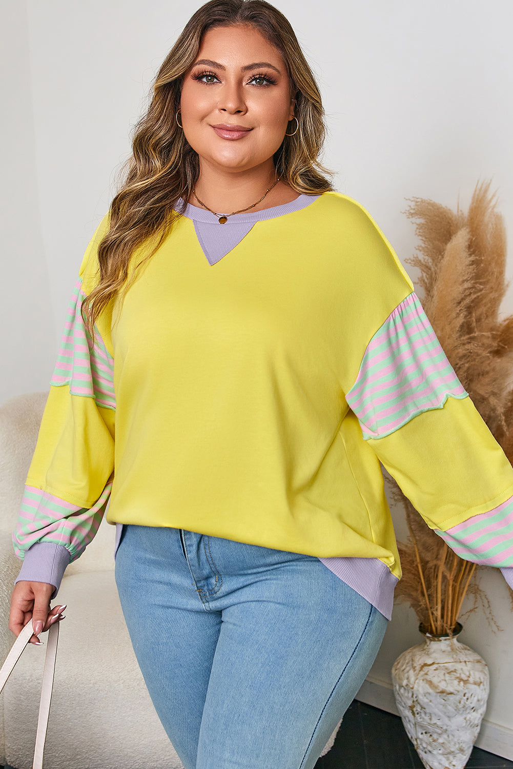 Threaded Pear Yellow Striped Color Block Patchwork Crewneck Plus Size Pullover Sweatshirt