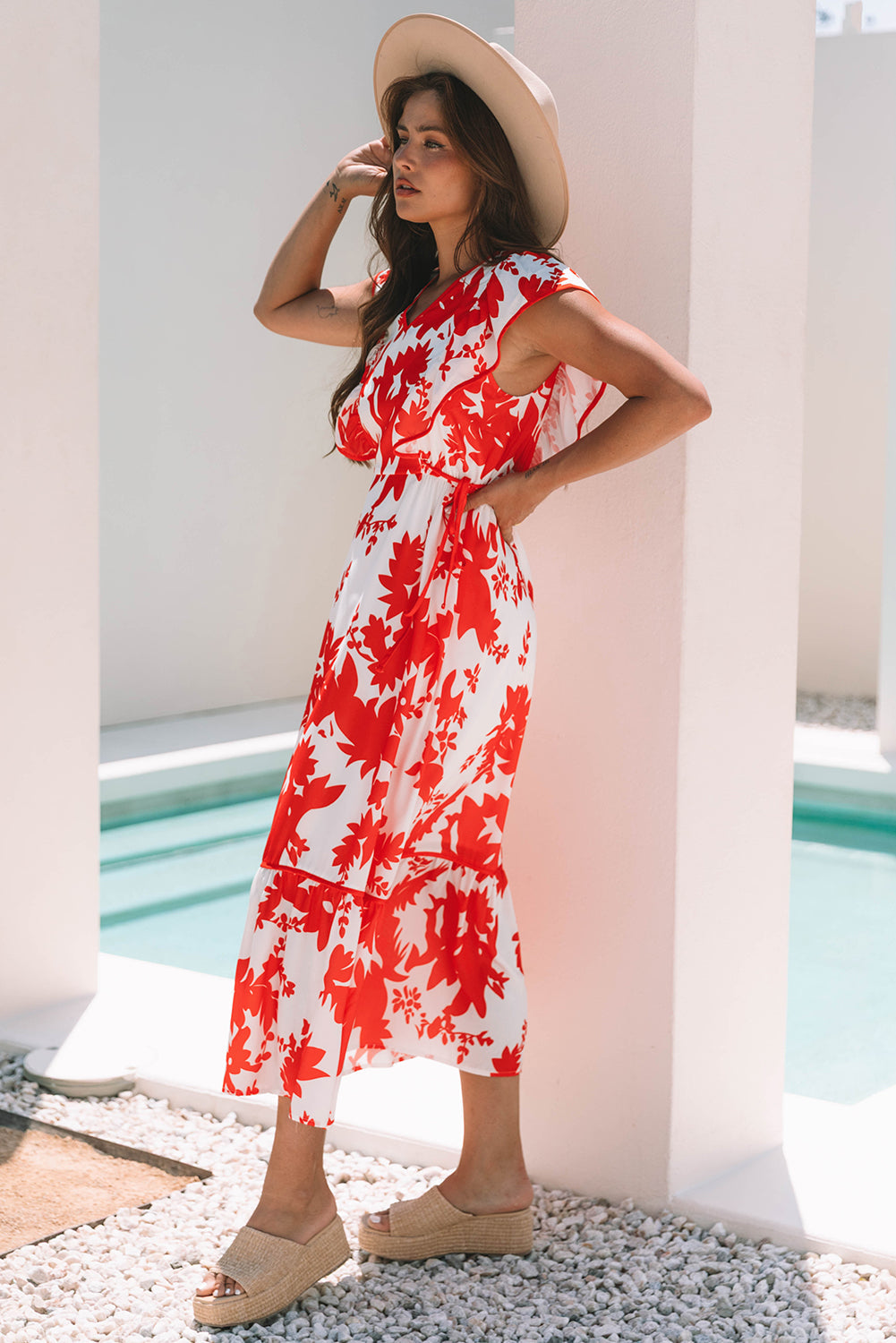 Threaded Pear Scarlett Floral Trimmed V Neck Ruffle Sleeve Long Dress