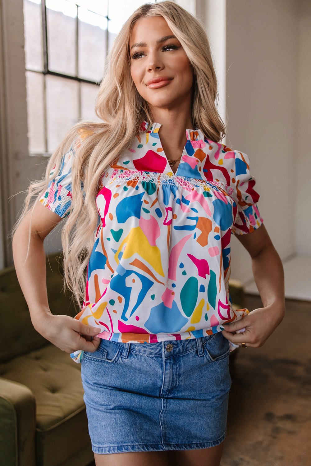 Threaded Pear Harper Shirred Short Sleeve Blouse