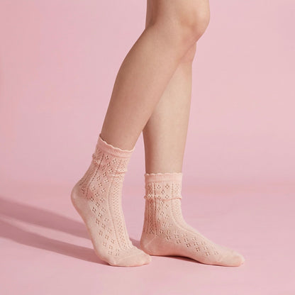 Anna-Kaci 4 Pairs Women's Lace Knit Crew Socks Lightweight Breathable Mesh Style with Elastic Cuff in Assorted Patterns