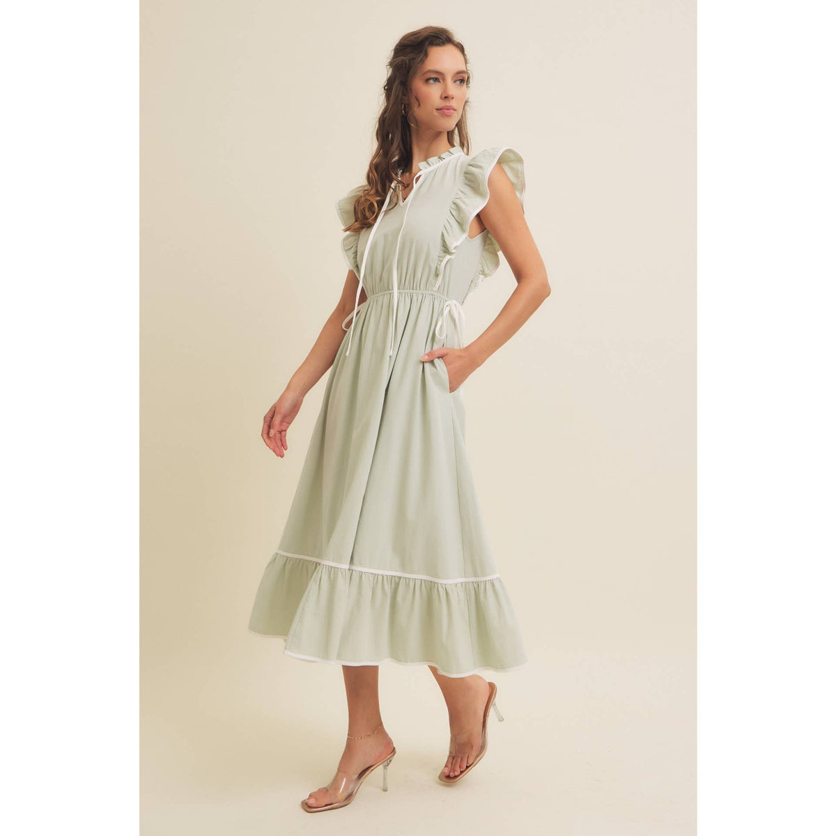 Annie- Cotton Gauze Midi Dress With Ruffles and Contrast Binding