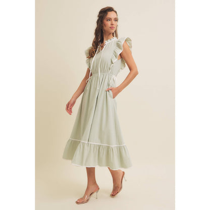 Annie- Cotton Gauze Midi Dress With Ruffles and Contrast Binding
