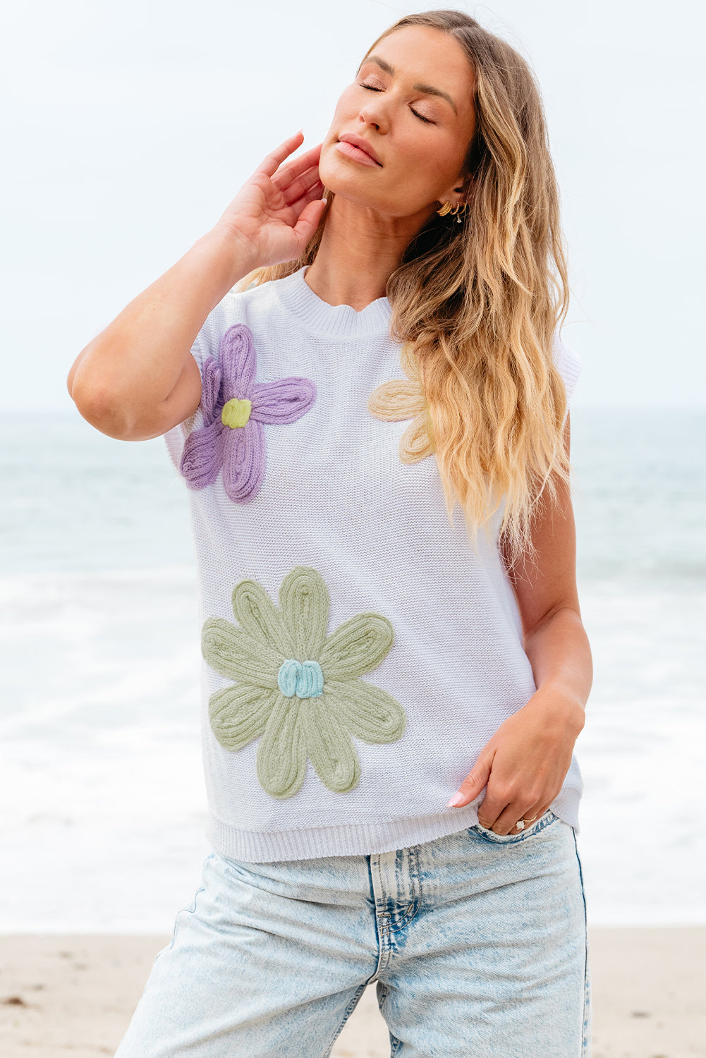 Threaded Pear Hannah Crochet Flower Knit Short Sleeve Sweater Top