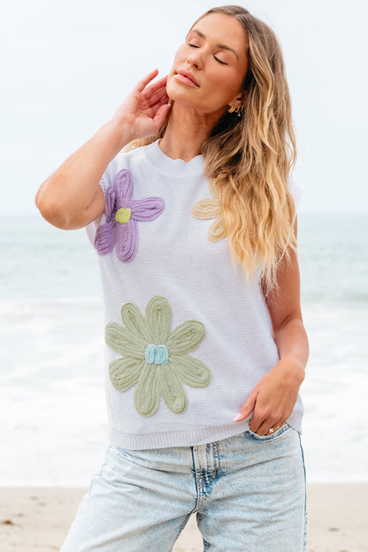 Threaded Pear Hannah Crochet Flower Knit Short Sleeve Sweater Top