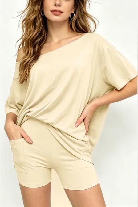 Off Shoulder Loose Top & High Waist Shorts Loungewear Set