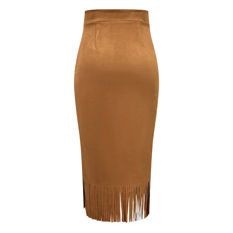 Women’s A-Line Fringe Hem Midi Skirt | Elegant Solid Color Versatile Skirt | Modern High-Waisted Casual Party Skirt | Trendy Fringed Hemline A-Line Bottoms | 2026 High-Sense Fashion Midi Skirt