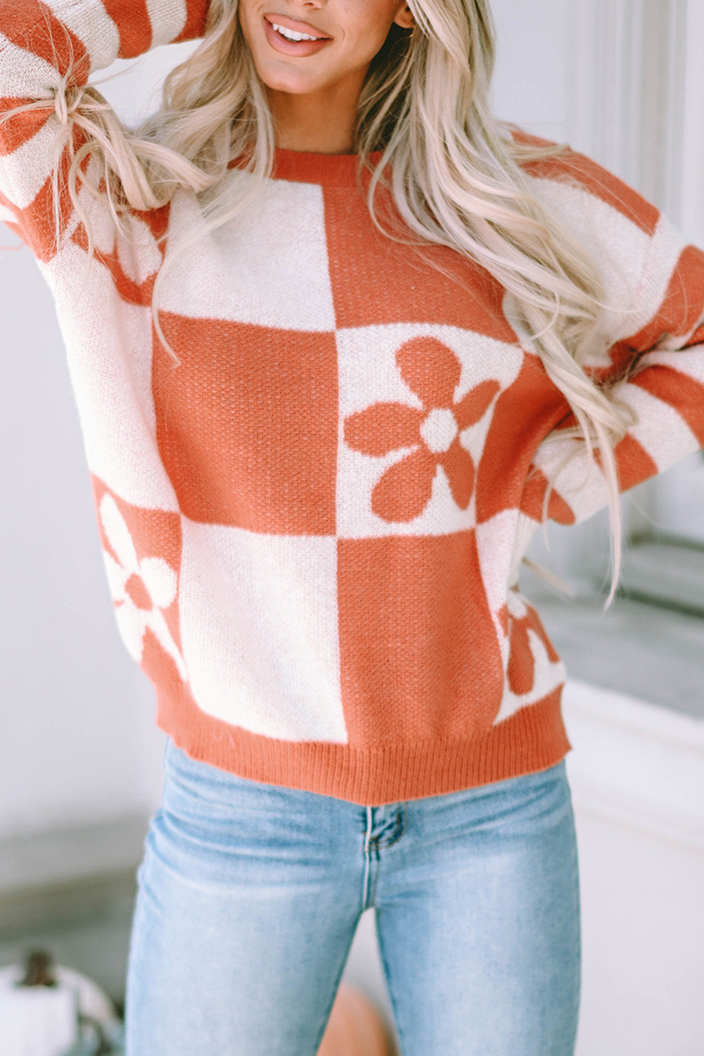 Threaded Pear Miller Checkered Floral Striped Sleeve Sweater