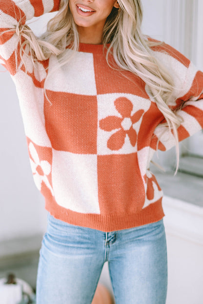 Threaded Pear Miller Checkered Floral Striped Sleeve Sweater