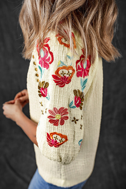 Threaded Pear August Floral Embroidered Puff Sleeve Blouse