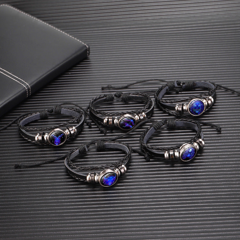 12 Zodiac Constellation Luminous Bracelet | Handmade Braided Leather Astrology Bracelet | Glow-in-the-Dark Birthday Gift for Men, Women & Kids